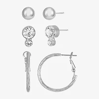 Liz Claiborne Stud & Hoop Womens Glass Hypoallergenic 3 Pair Earring Set