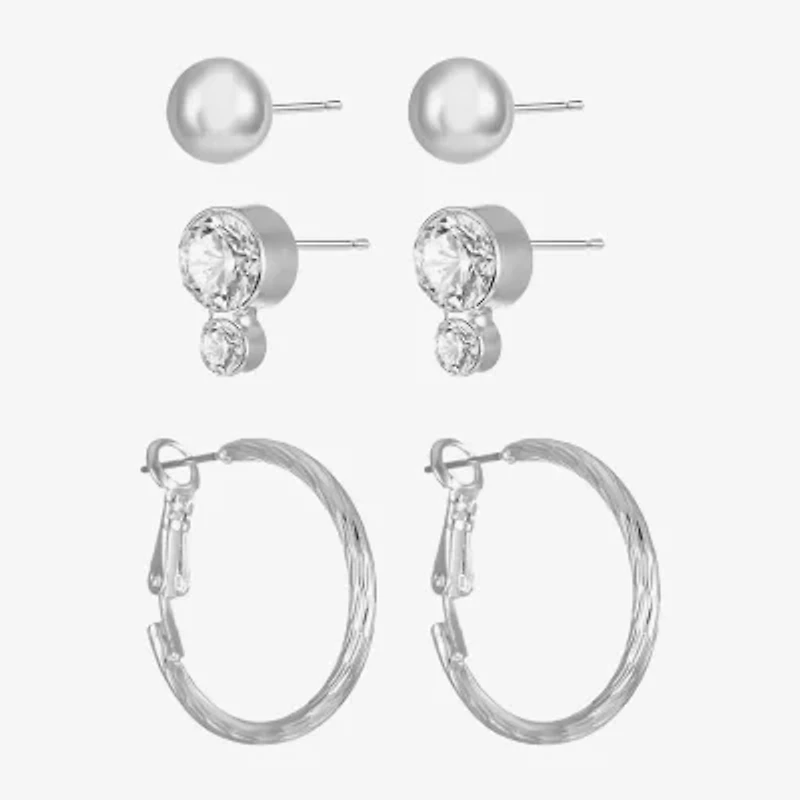 Liz Claiborne Stud & Hoop Womens Glass Hypoallergenic 3 Pair Earring Set