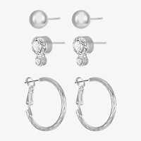 Liz Claiborne Stud & Hoop Womens Glass Hypoallergenic 3 Pair Earring Set