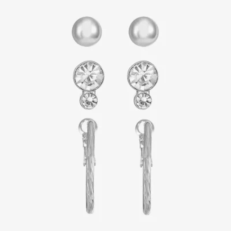 Liz Claiborne Stud & Hoop Womens Glass Hypoallergenic 3 Pair Earring Set