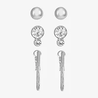 Liz Claiborne Stud & Hoop Womens Glass Hypoallergenic 3 Pair Earring Set