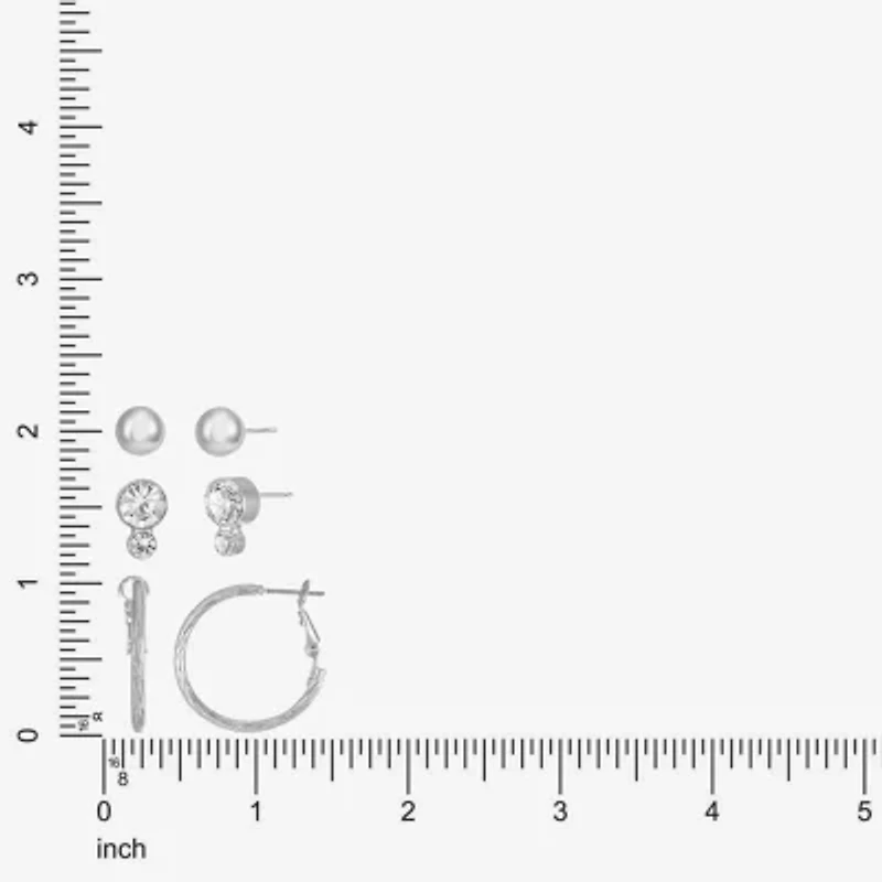 Liz Claiborne Stud & Hoop Womens Glass Hypoallergenic 3 Pair Earring Set