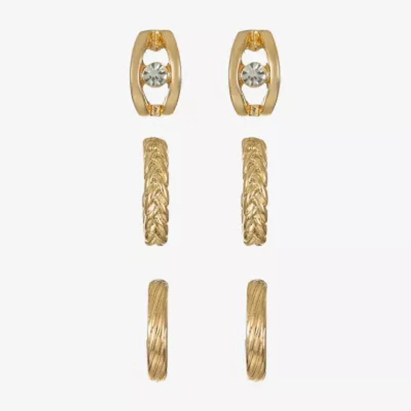Liz Claiborne Braided & Textured Huggie Hoop Womens Glass Hypoallergenic 3 Pair Earring Set