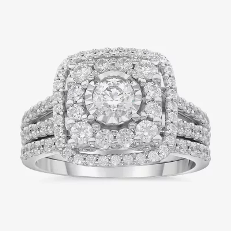 2 CT.T.W. Natural Diamond Cushion Shape Side Stone Halo Bridal Set 10K or 14K White Gold