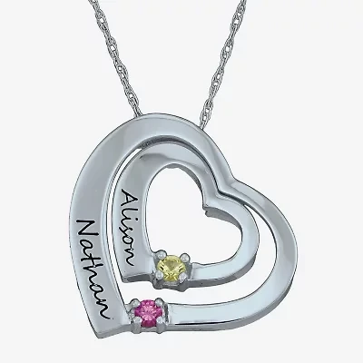 Personalized Simulated Birthstone Engraved Double Heart Pendant Necklace