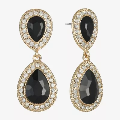 Monet Jewelry Gold Tone Halo Womens Black Glass Hypoallergenic Drop Earrings