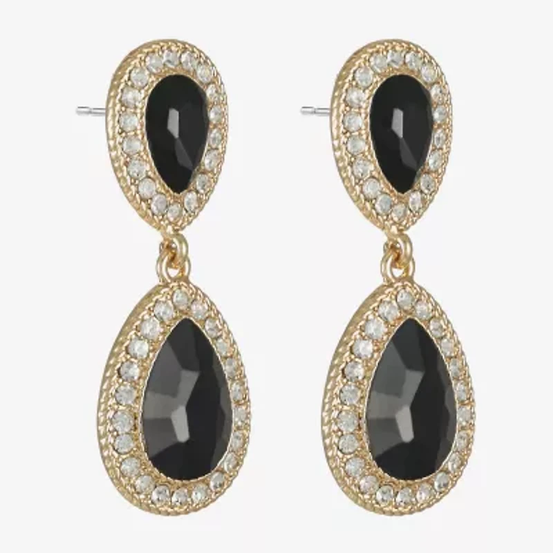 Monet Jewelry Gold Tone Halo Womens Black Glass Hypoallergenic Drop Earrings