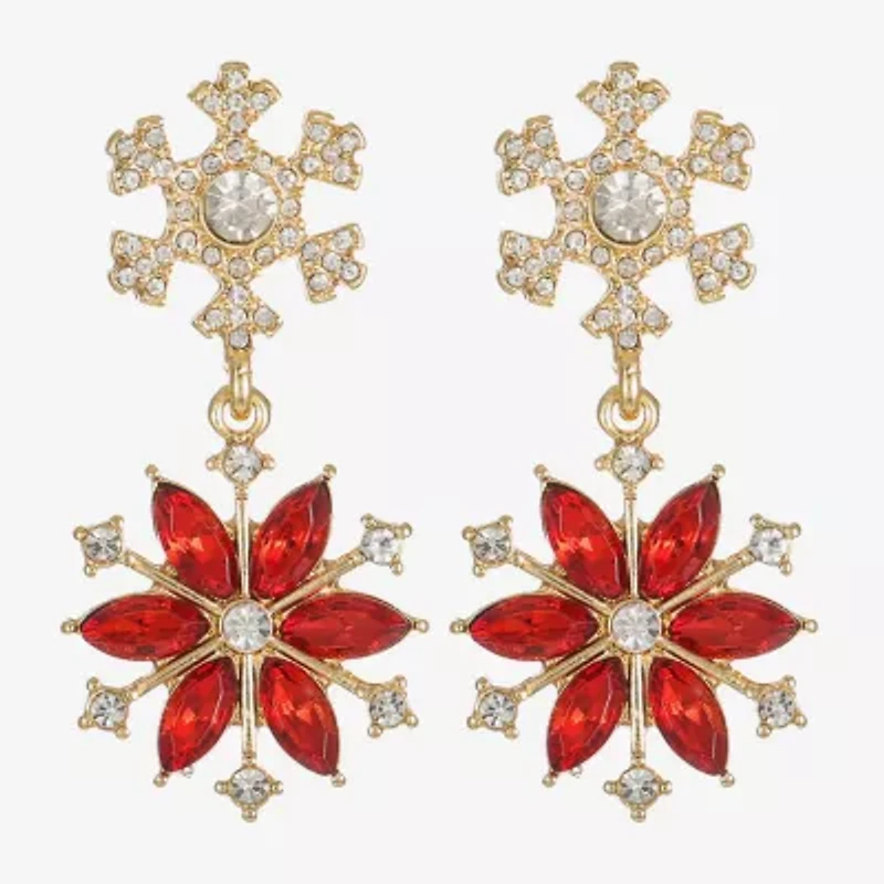 Monet Jewelry Gold Tone Holiday Womens Red Glass Flower Snowflake Hypoallergenic Drop Earrings