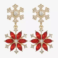 Monet Jewelry Gold Tone Holiday Womens Red Glass Flower Snowflake Hypoallergenic Drop Earrings