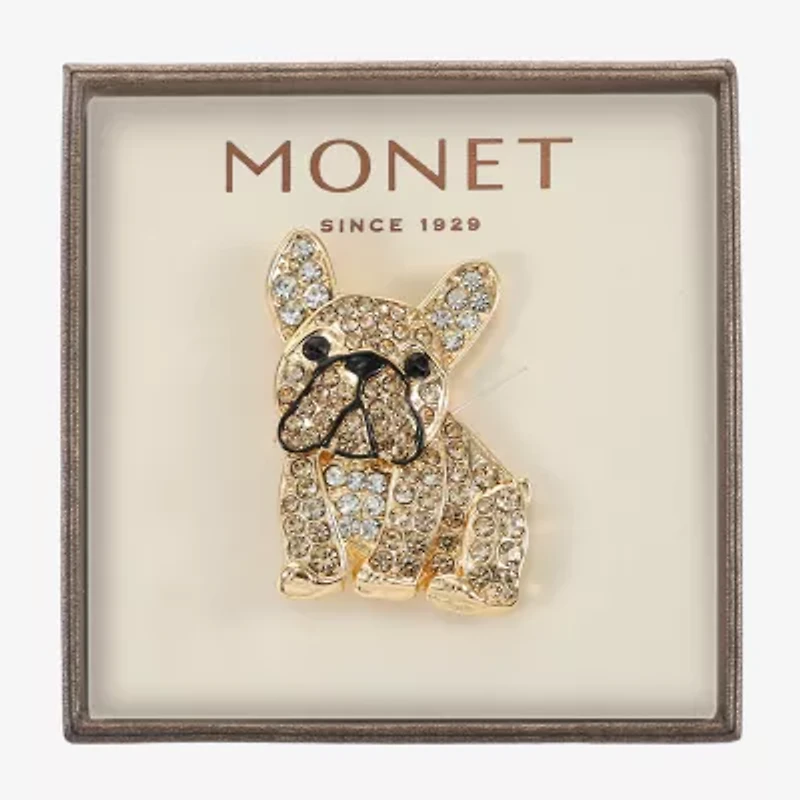 Monet Jewelry Gold Tone Bull Dog Brown Glass Pin