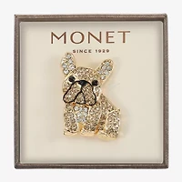 Monet Jewelry Gold Tone Bull Dog Brown Glass Pin