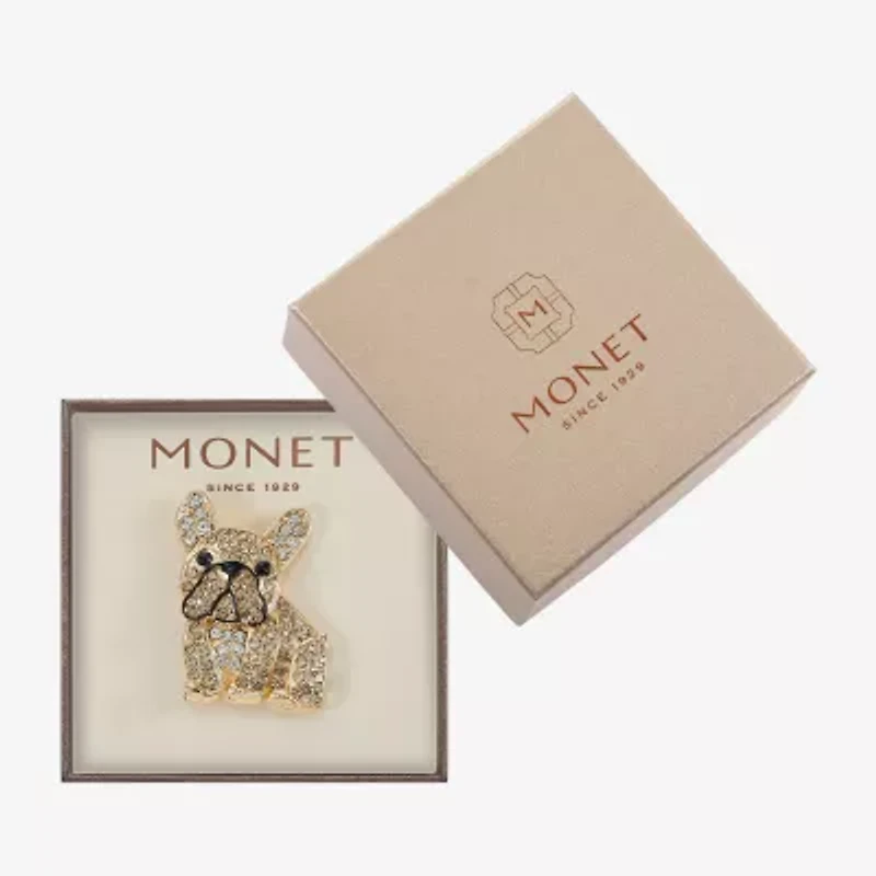 Monet Jewelry Gold Tone Bull Dog Brown Glass Pin