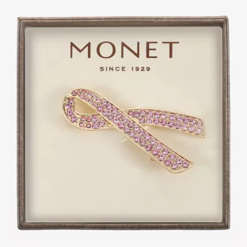 Monet Jewelry Gold Tone Breast Cancer Ribbon Pink Glass Pin