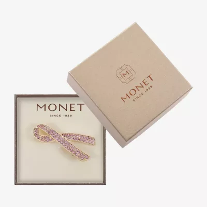 Monet Jewelry Gold Tone Breast Cancer Ribbon Pink Glass Pin