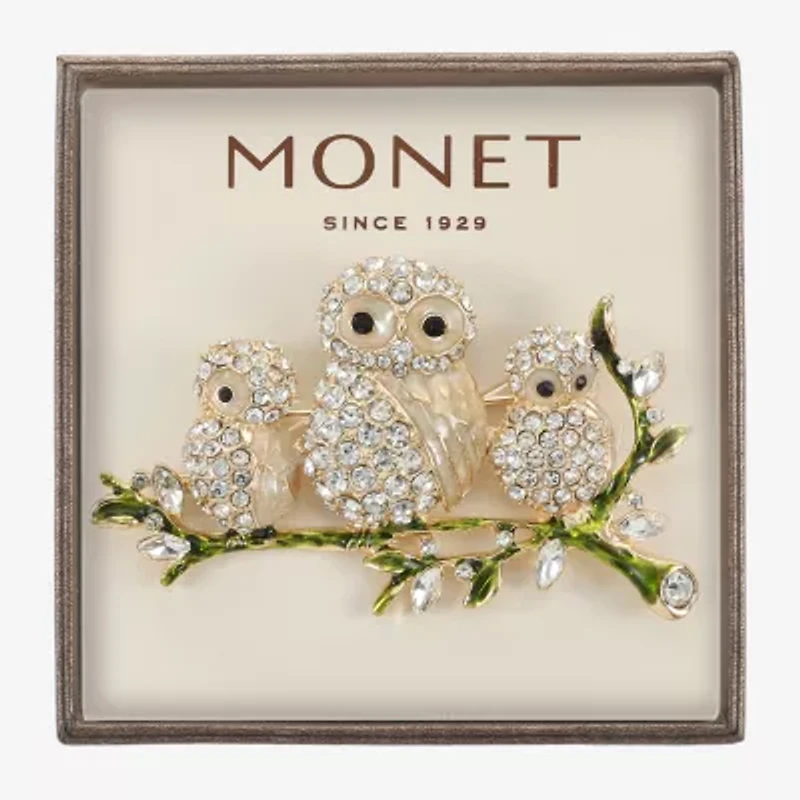 Monet Jewelry Gold Tone Owl Glass Pin