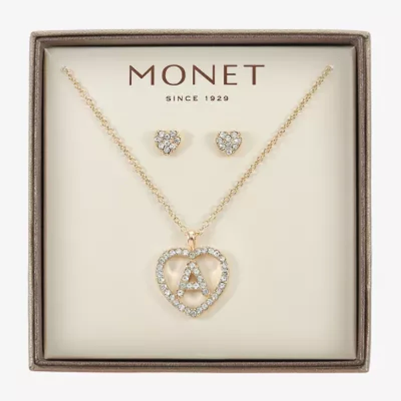 Monet Jewelry Gold Tone Initial Pendant Necklace & Stud Earring Womens Glass Heart 2-pc. Set