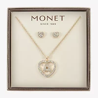 Monet Jewelry Gold Tone Initial Pendant Necklace & Stud Earring Womens Glass Heart 2-pc. Set