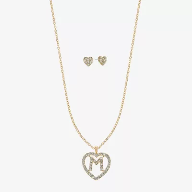 Monet Jewelry Gold Tone Initial Pendant Necklace & Stud Earring Womens Glass Heart 2-pc. Set
