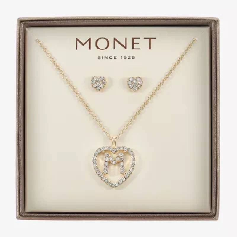 Monet Jewelry Gold Tone Initial Pendant Necklace & Stud Earring Womens Glass Heart 2-pc. Set