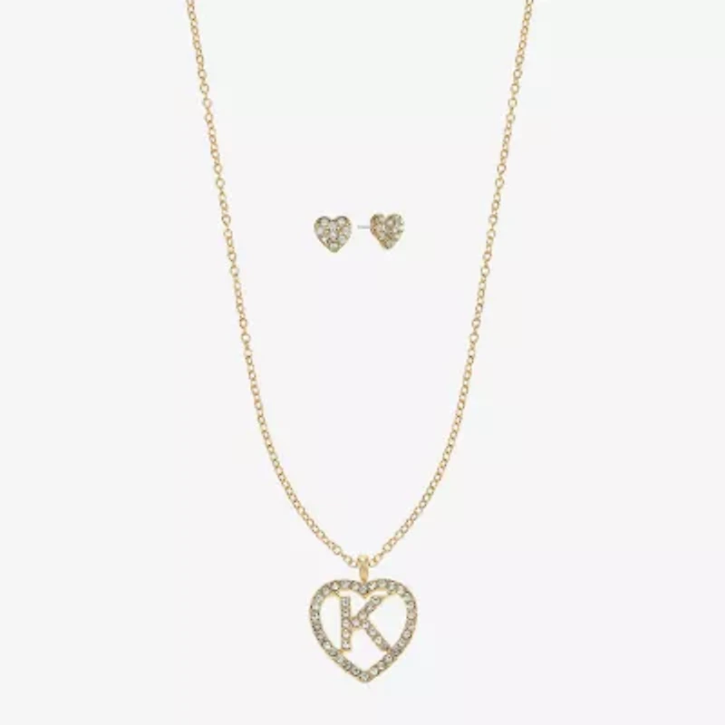 Monet Jewelry Gold Tone Initial Pendant Necklace & Stud Earring Womens Glass Heart 2-pc. Set