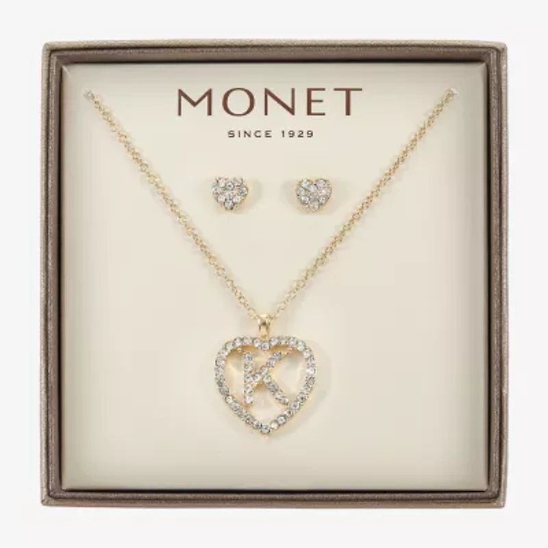 Monet Jewelry Gold Tone Initial Pendant Necklace & Stud Earring Womens Glass Heart 2-pc. Set