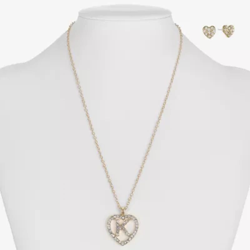 Monet Jewelry Gold Tone Initial Pendant Necklace & Stud Earring Womens Glass Heart 2-pc. Set