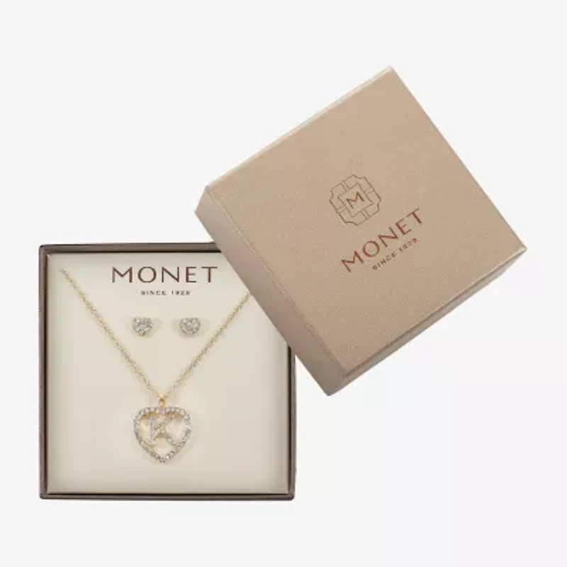 Monet Jewelry Gold Tone Initial Pendant Necklace & Stud Earring Womens Glass Heart 2-pc. Set