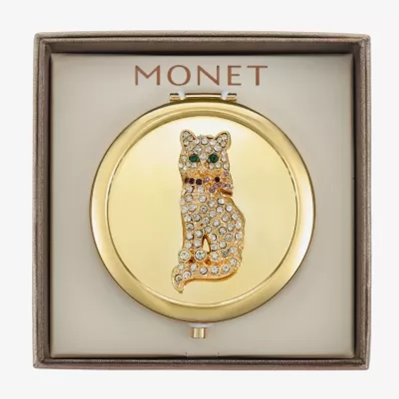 Monet Jewelry Gold Tone Cat Clear Gold Tone Animal Compact Mirror
