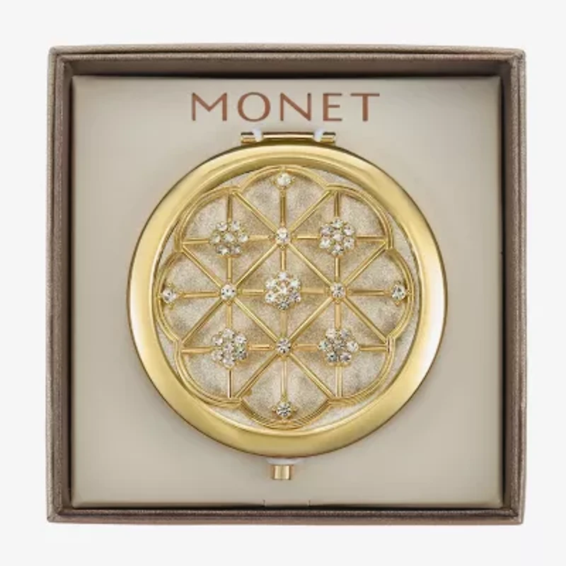 Monet Jewelry Gold Tone Clear Grid Flower Compact Mirror