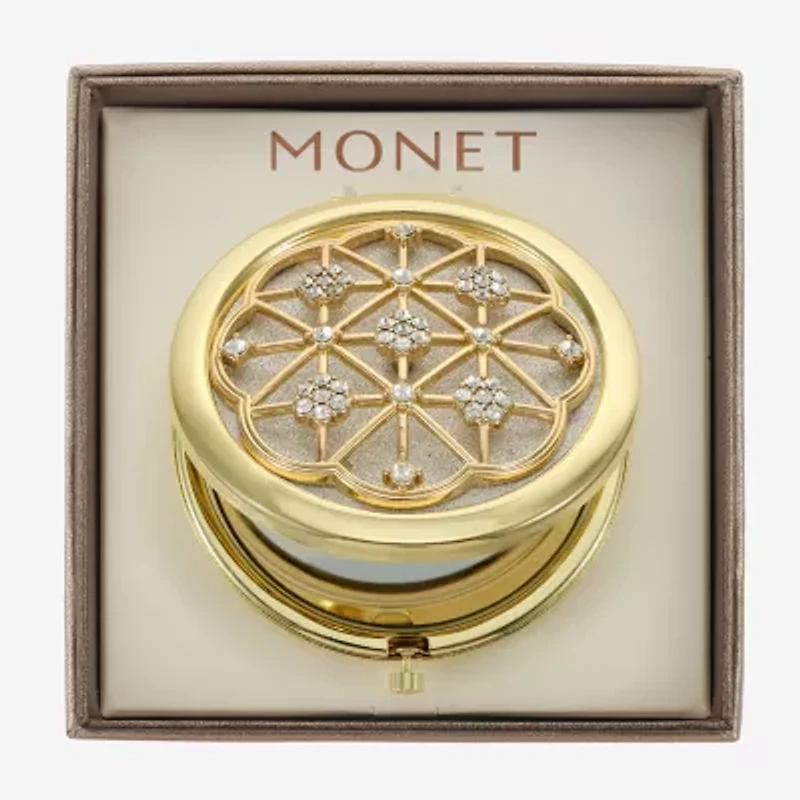 Monet Jewelry Gold Tone Clear Grid Flower Compact Mirror