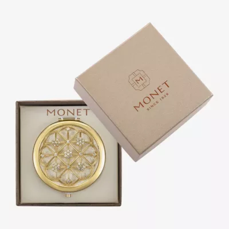 Monet Jewelry Gold Tone Clear Grid Flower Compact Mirror
