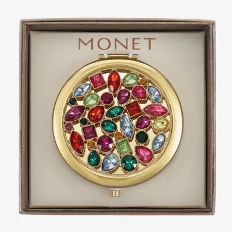 Monet Jewelry Gold Tone Multi Cluster Stone Gold Tone Compact Mirror