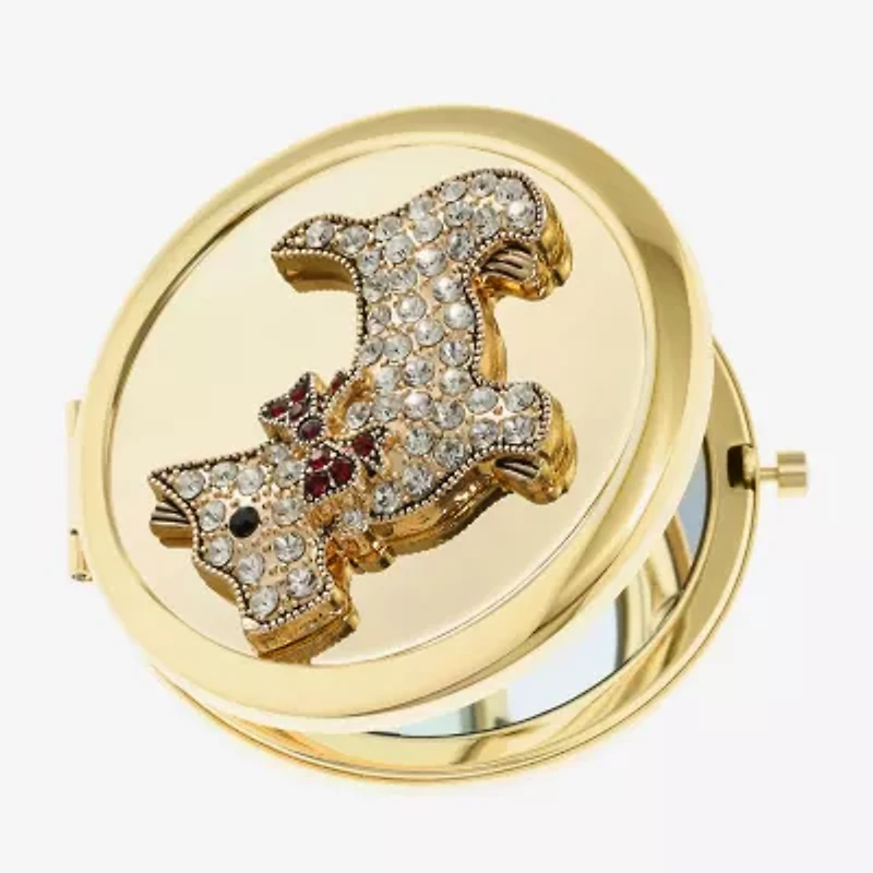 Monet Jewelry Gold Tone White Scottie Dog Gold Tone Animal Bow Compact Mirror