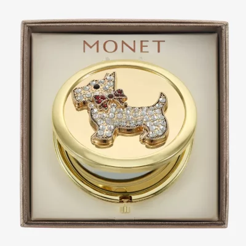 Monet Jewelry Gold Tone White Scottie Dog Gold Tone Animal Bow Compact Mirror