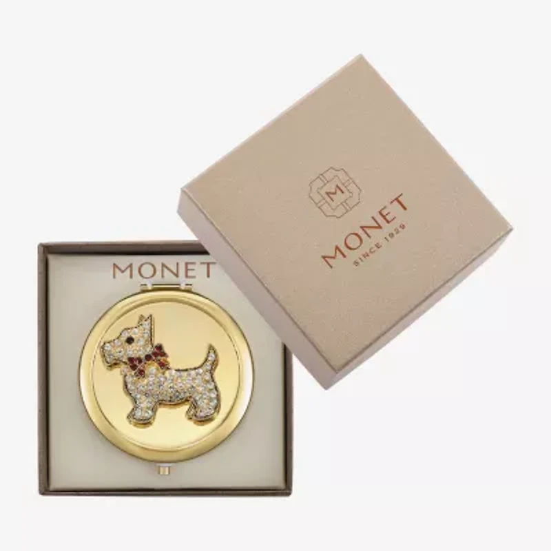 Monet Jewelry Gold Tone White Scottie Dog Gold Tone Animal Bow Compact Mirror