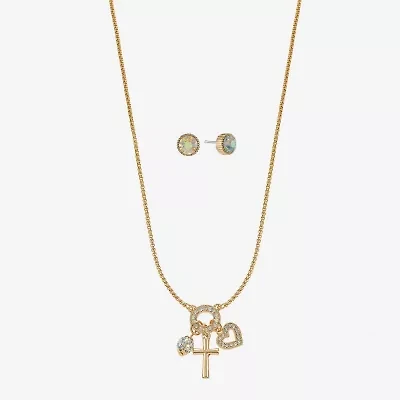Monet Jewelry Gold Tone Charm Necklace & Stud Earring Womens Glass Cross Heart 2-pc. Jewelry Set