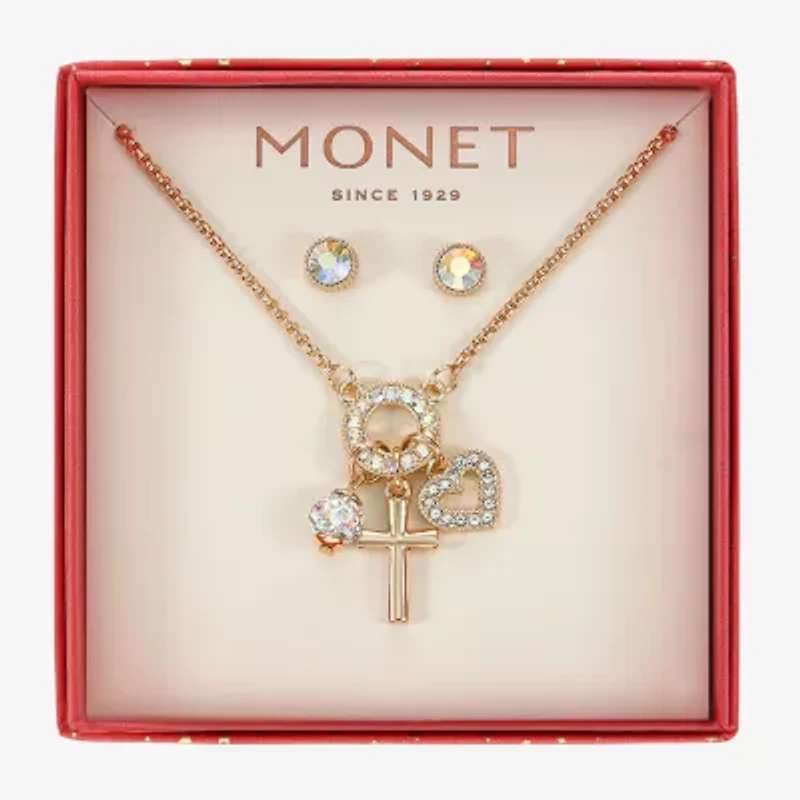 Monet Jewelry Gold Tone Charm Necklace & Stud Earring Womens Glass Cross Heart 2-pc. Jewelry Set