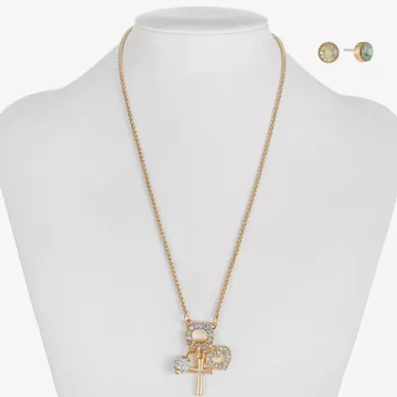 Monet Jewelry Gold Tone Charm Necklace & Stud Earring Womens Glass Cross Heart 2-pc. Jewelry Set
