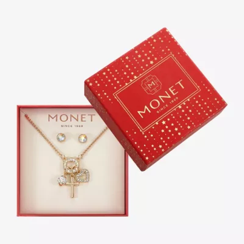 Monet Jewelry Gold Tone Charm Necklace & Stud Earring Womens Glass Cross Heart 2-pc. Jewelry Set