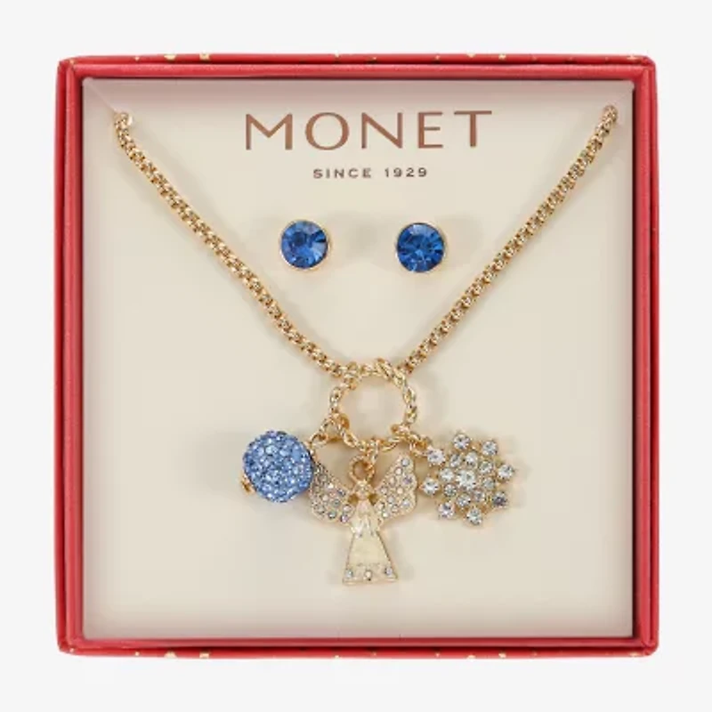 Monet Jewelry Gold Tone Charm Necklace & Stud Earring Womens Blue Glass Angel Snowflake 2-pc. Jewelry Set
