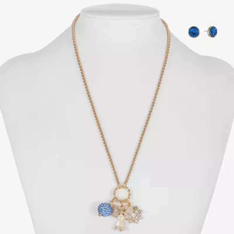 Monet Jewelry Gold Tone Charm Necklace & Stud Earring Womens Blue Glass Angel Snowflake 2-pc. Jewelry Set