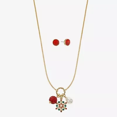 Monet Jewelry Gold Tone Christmas Charm Necklace & Stud Earring Womens Red Glass 2-pc. Jewelry Set
