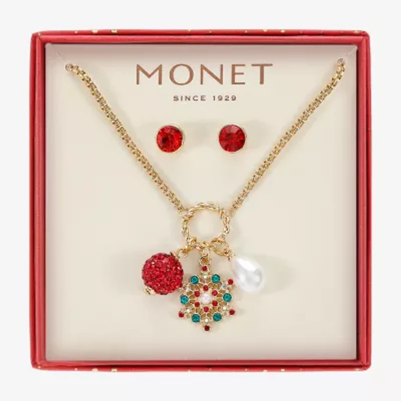 Monet Jewelry Gold Tone Christmas Charm Necklace & Stud Earring Womens Red Glass 2-pc. Jewelry Set
