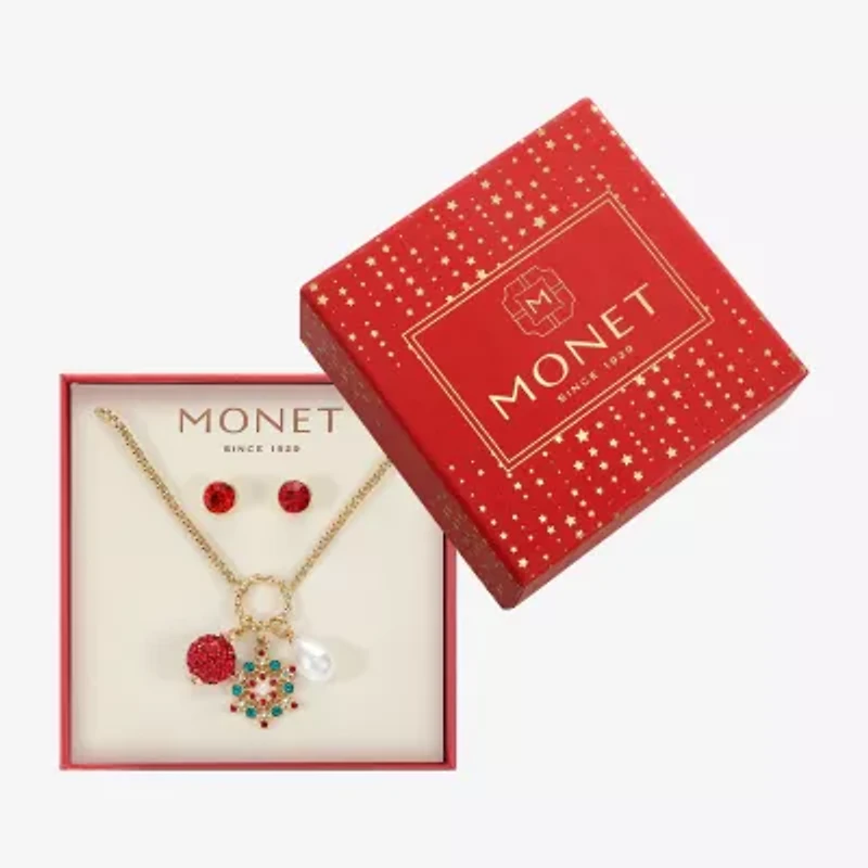 Monet Jewelry Gold Tone Christmas Charm Necklace & Stud Earring Womens Red Glass 2-pc. Jewelry Set