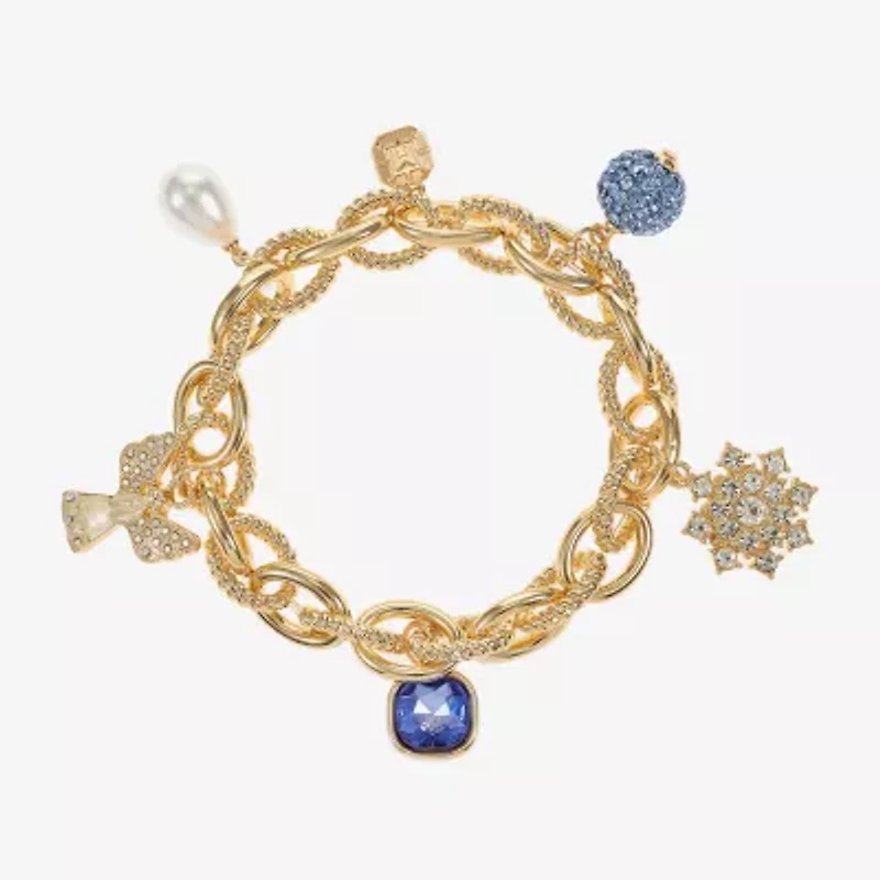 Monet Jewelry Gold Tone Womens Blue Glass Simulated Pearl Angel Charm Bracelet