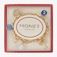 Monet Jewelry Gold Tone Womens Blue Glass Simulated Pearl Angel Charm Bracelet