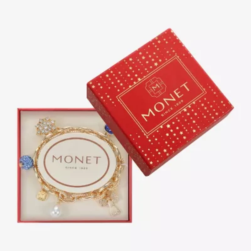 Monet Jewelry Gold Tone Womens Blue Glass Simulated Pearl Angel Charm Bracelet