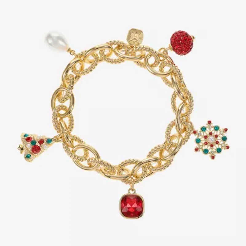 Monet Jewelry Gold Tone Christmas Womens Red Glass Simulated Pearl Charm Bracelet