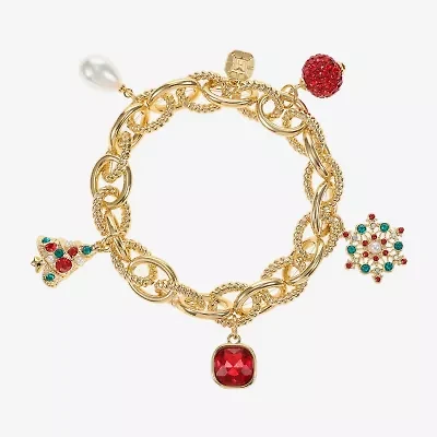 Monet Jewelry Gold Tone Christmas Womens Red Glass Simulated Pearl Charm Bracelet