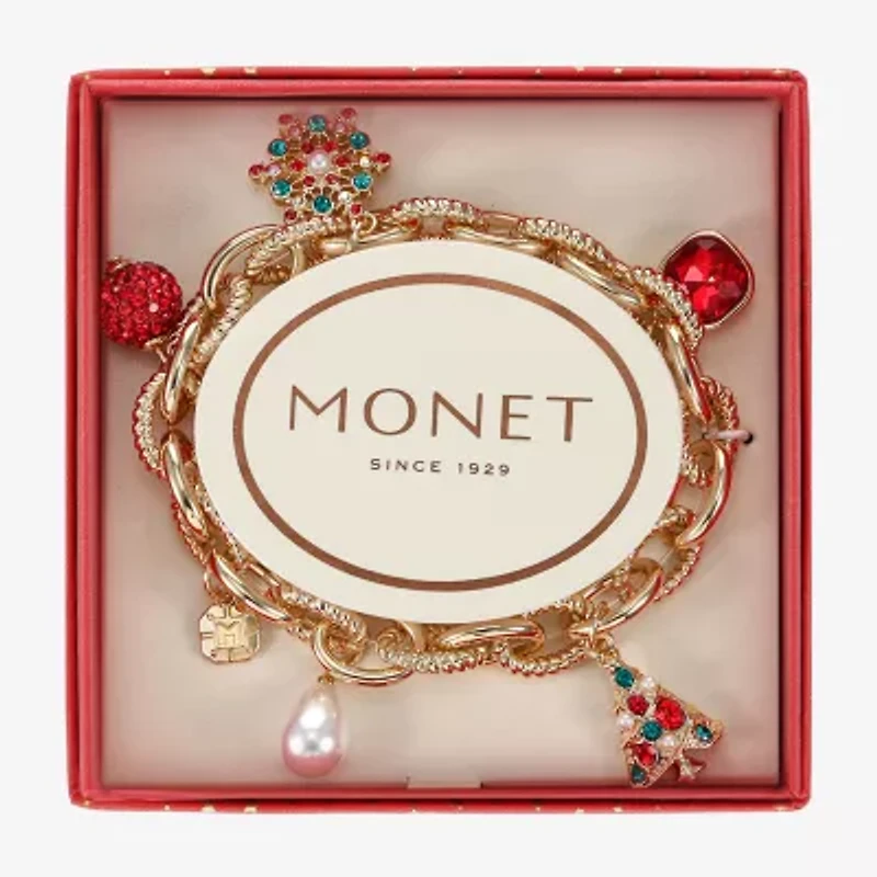 Monet Jewelry Gold Tone Christmas Womens Red Glass Simulated Pearl Charm Bracelet